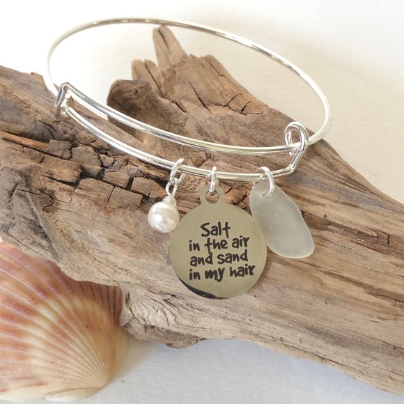 Artisan Jewelry - Adjustable Genuine White Sea Glass Bangle Bracelet